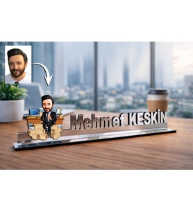 Kişiye Özel Müdürü Karikatürlü 30 cm Ayna Pleksi Masaüstü İsimlik - Müdüre Hediye Terfi ve Ofis Hediyesi