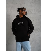 Erkek Kordon İpli Baskılı Kapüşonlu Sweatshirt - Siyah