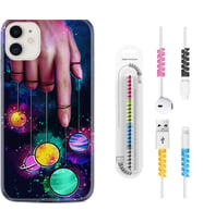 Apple iPhone 11 12 13 Mini Kılıf Kablo Koruma Spiral Silikon Finger planet 1740