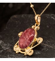 Gümüşcüm Pembe Akik Taşlı Otantik Altın Kaplama Gümüş Kadın Kolye