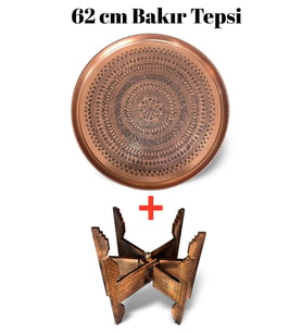 62 cm El İşlemeli Otantik Desenli Kalın Urfa Bakır Tepsi + Katlanabilir Sehpa - BAKIR-TPS501