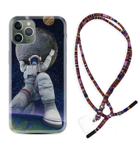 Apple iPhone 11 12 13 14 Pro Max Kılıf Boyun Asklı Rasta Silikon Astronot ve Dünya 1759