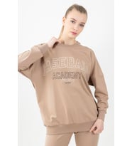 Maraton Sportswear Oversize Kadın Bisiklet Yaka  Uzun Kol Basic Açık Vizon Sweatshirt 22185