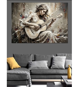 Gitar Çalan Melek Kanatlı Kadın Dekoratif Kanvas - Mdf Ahşap Tablo
