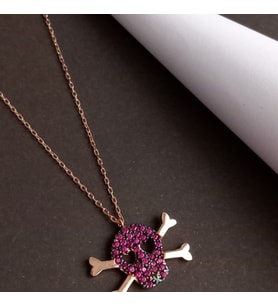 925 Ayar Gümüş Skull Kuru Kafa Gifürlü Zirkon Taşlı Trend Kolye Gold-pembe Doğum Günü Hediye