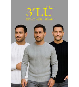 Erkek Fitilli Triko Kazak 3’lü Set – Beyaz, Gri, SiyahKalın Dokuma Pamuklu Regular Fit Bisiklet Yaka Uzun Kollu Kışlık Ve Baharlık Rahat Triko Kombini