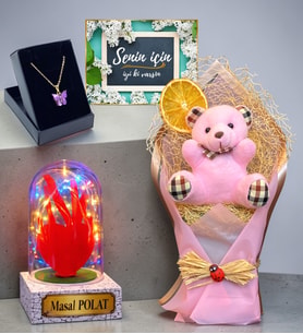 Size Özel Premium Hediye Seti Renkli Led Işıklı Fanuslu Buketli Kolyeli (Model 2)