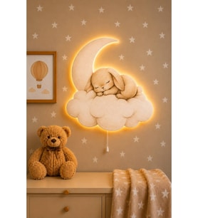 Ahşap Tavşan Pilli Ledli Gece Lambası Bebek Çocuk Odası-Yıldız Sticker Hediyeli