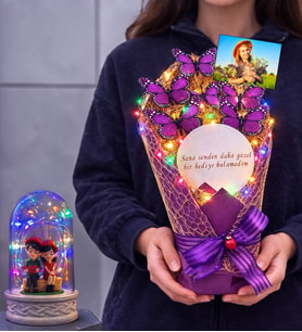 Size Özel Fotoğraflı Renkli Led Işıklı Aynalı Kelebek Buketi & Renkli Led Işıklı Fanuslu (Model 10)