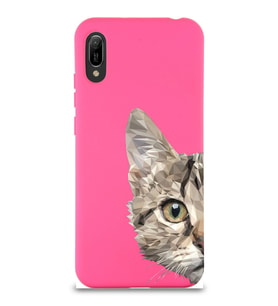 Huawei Y6 2019 Uyumlu Lansman Kılıf Catface Tasarımlı İçi Kadife Kapak-Neon Pembe (Şeffaf)
