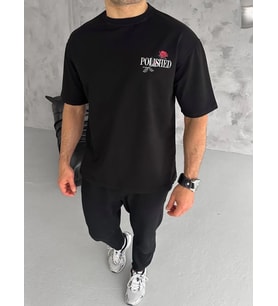 Erkek Kısa Kol Yazlık Tişört Bisiklet Yaka Baskılı Oversize T-Shirt - Siyah