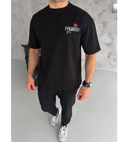 Erkek Kısa Kol Yazlık Tişört Bisiklet Yaka Baskılı Oversize T-Shirt - Siyah