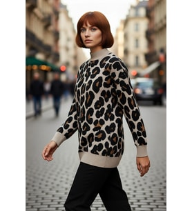 Kadın Relaxed Kalıp Animal Desen Uzun Kollu Dik Yaka Triko Kazak Basic Kışlık Cool Comfort Tarz
