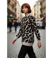 Kadın Relaxed Kalıp Animal Desen Uzun Kollu Dik Yaka Triko Kazak Basic Kışlık Cool Comfort Tarz