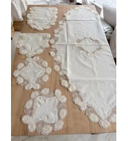 Salon Takımı Çeyizlik Krem Runner Set 5 Parça Keten Masa Örtüsü Runneri Flowers