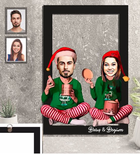 Kişiye Özel Yılbaşı Sevgili Karikatürlü 3D Ahşap Tablo 30x47 Model-5
