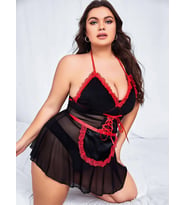 HotFlirt NL 3478 Kırmızı Dantel Detaylı  Büyük Beden Hizmetçi Kostümü (Siyah)
