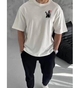 pilelistore- Unisex Bisiklet Yaka Baskılı Oversize T-Shirt - Beyaz