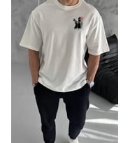 pilelistore- Unisex Bisiklet Yaka Baskılı Oversize T-Shirt - Beyaz