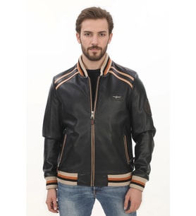 Erkek Spor ve Şıklık Bir Arada Derimont Varsity Hakiki Kuzu Derisi Bomber Ceket Erkek Mont (Siyah)