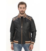 Erkek Spor ve Şıklık Bir Arada Derimont Varsity Hakiki Kuzu Derisi Bomber Ceket Erkek Mont (Siyah)
