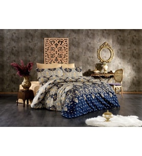 Çift Kişilik Nevresim Takımı Seti Yorgan Kılıfı LOVE KALP Desen 200x220 cm + Lastikli Battal Boy Çarşaf 180x200x30 cm +2 Yastık Kılıflı 50x70 cm (Lacivert-Toprak, Osmanlı Nakış)