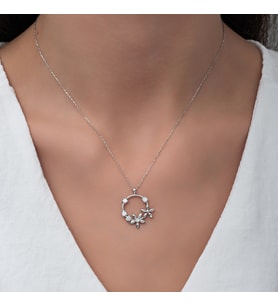 Beyaz Taşlı Rodaj Manolya Çiçeği Kolye-925 Ayar Gümüş