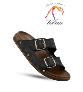Sermoda Erkek Terlik - Çift Toka Ayarlanabilir Esnek Taban Deri Erkek Terlik T Siyah