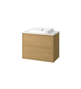 Lavabo Dolabı Kombinasyonu, Meşe Görünümlü-Beyaz Mermer Görünüm, 82x49x71 cm