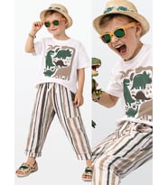 Erkek Çocuk Takım Dinozor Baskılı %100 Pamuk T-Shirt Çizgili Dokuma Pantolon Yazlık Takım (Krem)
