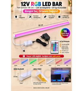 Luciole 50 CM ColorBar RGB LED Bar 12V 12W 24 Tuş Kumandalı Adaptörlü Yapışkanlı Aydınlatma