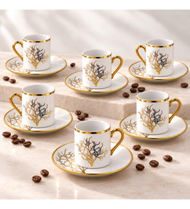 Valkyrie 12 Parça 6 Kişilik 80 ml Türk Kahvesi Fincan Takımı Gold Detaylı Ağaç Desenli K654-A
