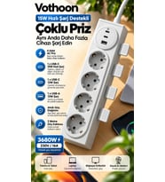 Vothoon 4’lü Akıllı Priz Tek Dokunuşla Fiş Çıkarma 2 Metre Kablo 2 Type-C + USB 15W Hızlı Şarj 3680W