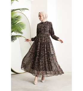 Neşeli butik kadın kemerli leopar desenli tesettür şifon elbise SMS014