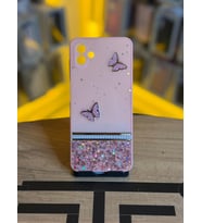 Samsung A04 4G Uyumlu Kelebek Figürlü Simli Parlak Telefon Kılıfı (Pembe)