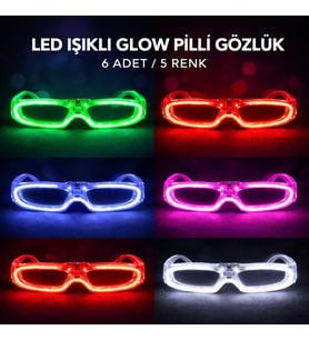 LED Işıklı Glow Pilli Parti Gözlüğü - Glow Efektli 6 Adet 5 Renk