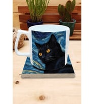 Kediler ve Sanat/Van Gogh Yıldızlı Gece The Starry Night Set 10 - Yelken Fincan Kupa-Taş Bardak Altlığı 6