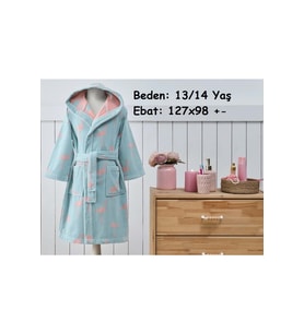 Özdilek 13/14 Yaş -Flamingo Mint- Kız Çocuk Kapüşonlu Kadife Pamuk Bornoz