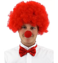 Kırmızı Renk Kıvırcık Afro Bonus Peruk Takma Saç ve Kırmızı Burun Seti