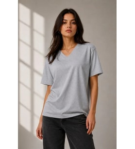 V Yaka Basic Tişört Kısa Kol Yazlık Regular Fit T-Shirt - Gri