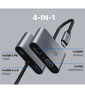 INCA ITPC-06T TYPE-C HUB X4 HDMI 4K@30 Hz+ VGA+ USB 3.0+PD 100W ALUMINYUM KASA ÇOKLAYICI