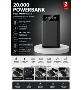 Taşınabilir 20000 mAh Hızlı Şarj Powerbank 4 Çıkışlı