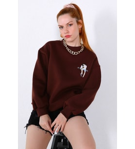 Nakışlı Kadın Sweatshirt Koyu Kahve (Kahverengi)