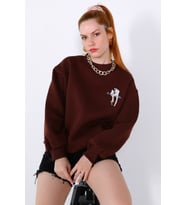 Nakışlı Kadın Sweatshirt Koyu Kahve (Kahverengi)