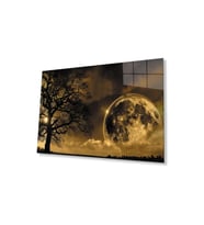 Dünya Ay Ağaç Gece Manzaralı Fütüristik Cam Tablo 4mm Dayanıklı Temperli Cam Earth Moon Tree Night (Çok Renkli)