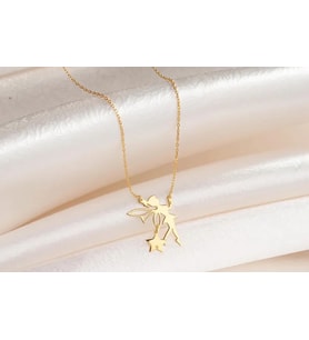 Kişiye Özel 925 Ayar Gümüş Tinkerbell Peri Yıldız Charm Kolye (Gold)