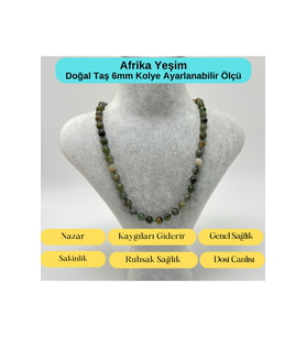 SERTİFİKALI Afrika Yeşim Doğal Taş 6mm Makrome Kolye 45cm- 55cm Ayarlanabilir Ölçü