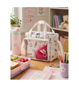 Çocuk Termal Okul Beslenme Çantası Şeffaf Cepli Peluş Aksesuarlı Omuz Askılı Lunch Bag