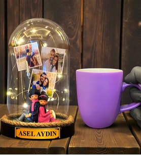 Size Özel Tasarım Led Işıklı Fanus ve Mor Kupa Bardak Hediye Seti (Model 8)