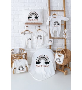 Pia Baby Premium %100 Pamuk Erkek Bebek Hediyesi 11 Parça İsme Özel Doğum Seti 5085-00 (Ekru)